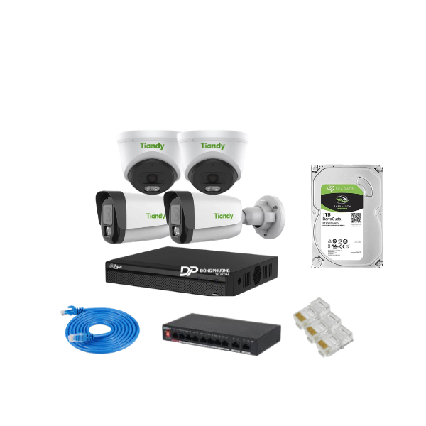 Trọn bộ 4 camera IP Tiandy 2MP