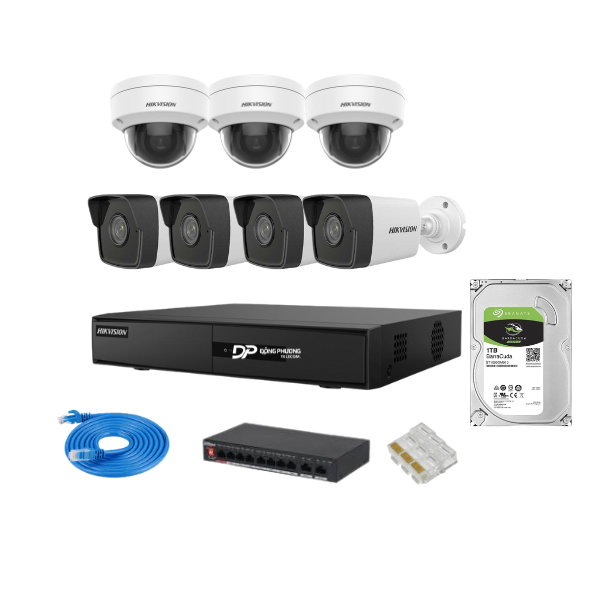 Trọn bộ 7 camera IP Hikvision 2MP
